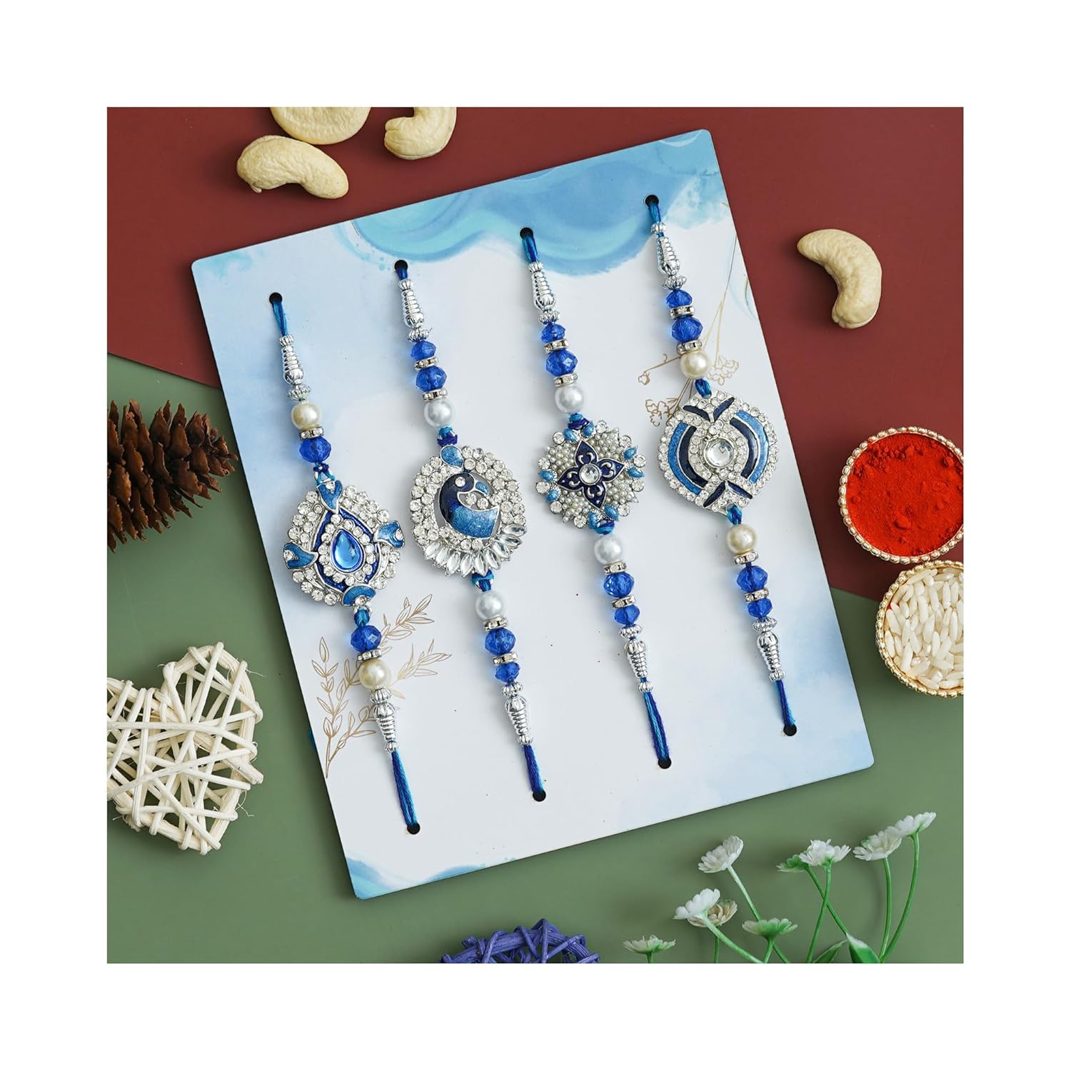 Dreamica Mens Rakhi Set for Brother - 4 Designer Rakhis With Roli Chawal Pack and Greeting Card | GP-828 - Image 3