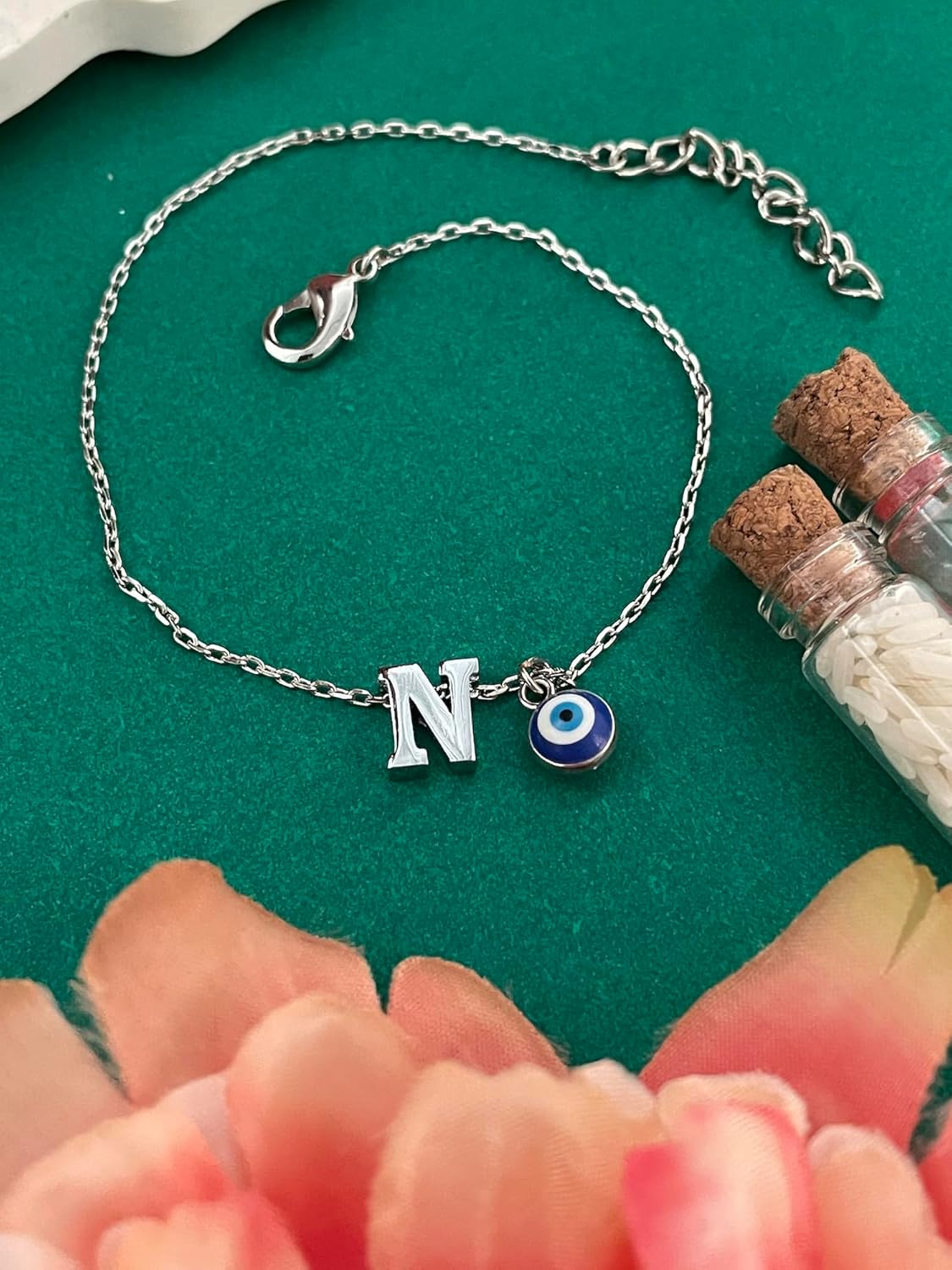 N Letter Blue Evil Eye Initial Name Rakhi Lumba Silver Plated Adjustable Bracelet for Raksha Bandhan | Rakhee Celebration Bracelet Online for Bhaiya, Bhabhi, Brother, Sister In law - Image 4
