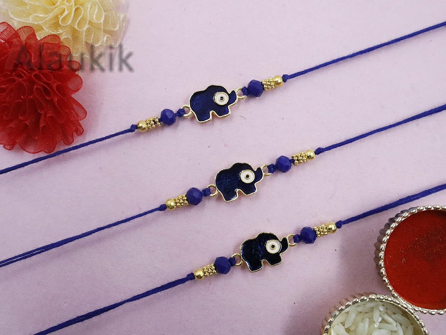 Alaukik Evil Eye Rakhi Protect From Negative Energy Set of 3 Unisex Evil Eye Rakhi With Beads Handmade Rakhi With Roli Chawal And Greeting Card for Bro/Brother/Bhaiya/Bhai - Image 5