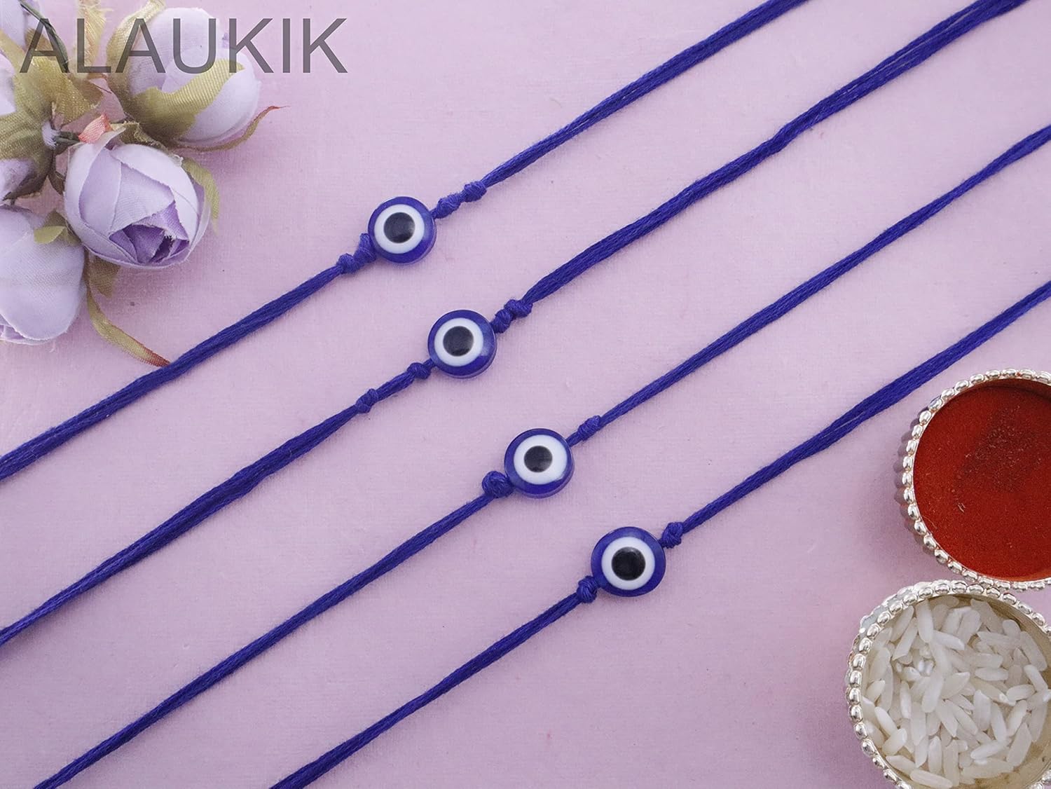 Alaukik Premium Evil Eye Rakhi Protect From Negative Energy Unisex Evil Eye Rakhi With Beads Handmade Rakhi for Brother/Sister set of 4 - Image 4
