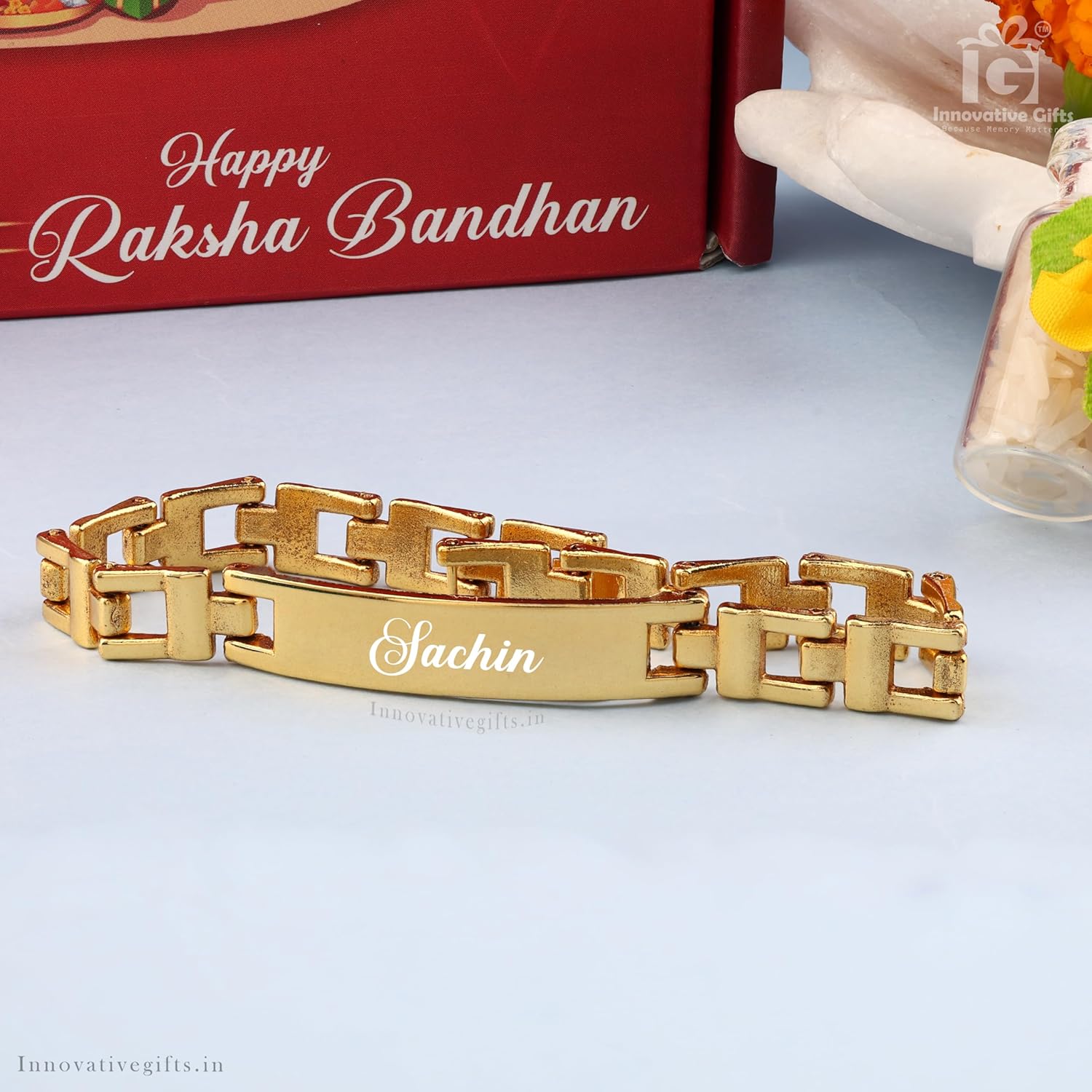 Innovative Gifts Personalized Metal Rakhi with Name for Brother I Hand carved Brass Made I Engraved Name Bracelet I Stylish Trendy & Long Lasting Customized gift for Bhaiya on Rakshabandhan - Golden - Image 3