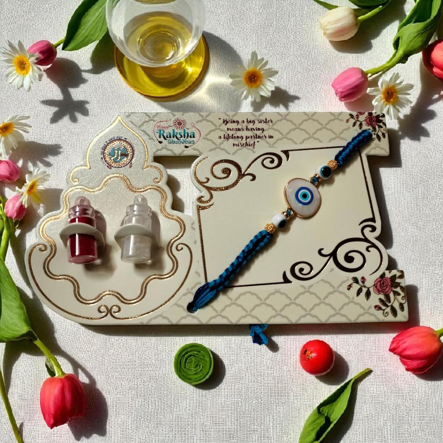VedaVedu Traditional Evil Eye Rakhi with Roli Chawal Gift Set for Rakshabandhan, Blue and Gold - Image 3