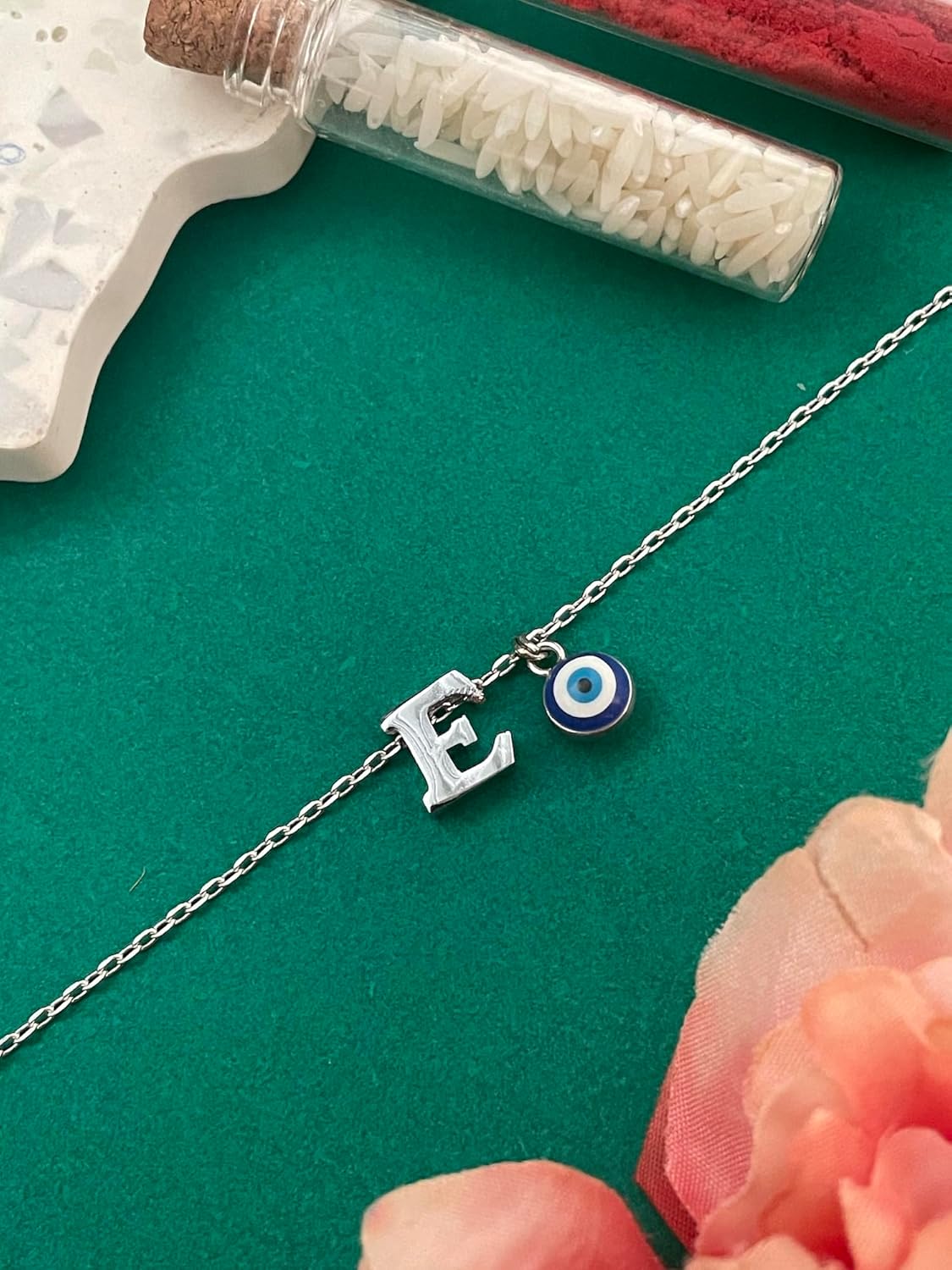 E Letter Blue Evil Eye Initial Name Rakhi Lumba Silver Plated Adjustable Bracelet for Raksha Bandhan | Rakhee Celebration Bracelet Online for Bhaiya, Bhabhi, Brother, Sister In law - Image 3