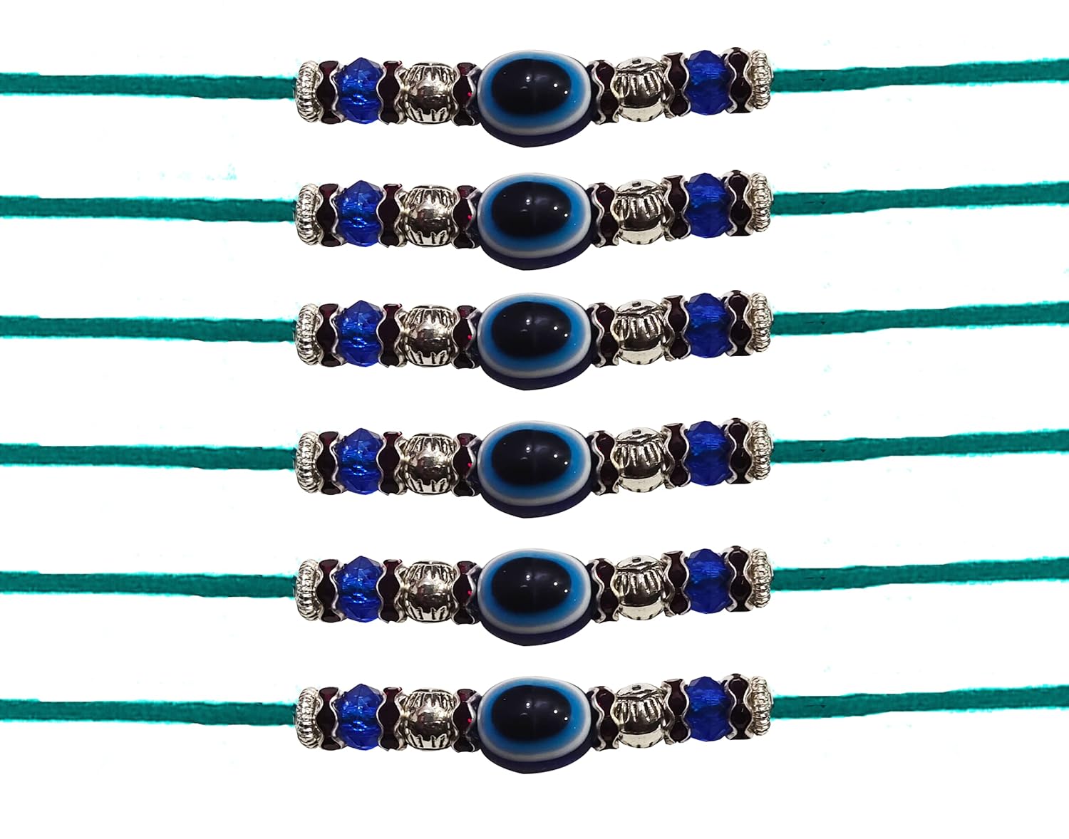 Untouched Set of 6 Designer Rakhi for Brother and Bhabhi with Artificial Blue Evil Eye Rakshabandan Bracelet - Image 2