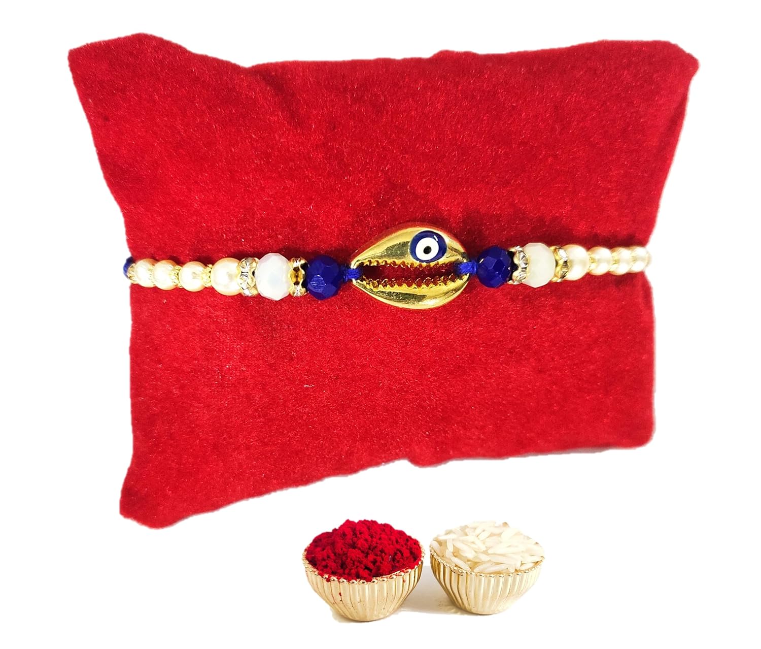 SAFFRON SHADES Sign of Prosperity Cowrie Shell Red and Blue Evil Eye Rakhi for Brother | Designer Premium Rakhi | Roli Chawal - Image 2