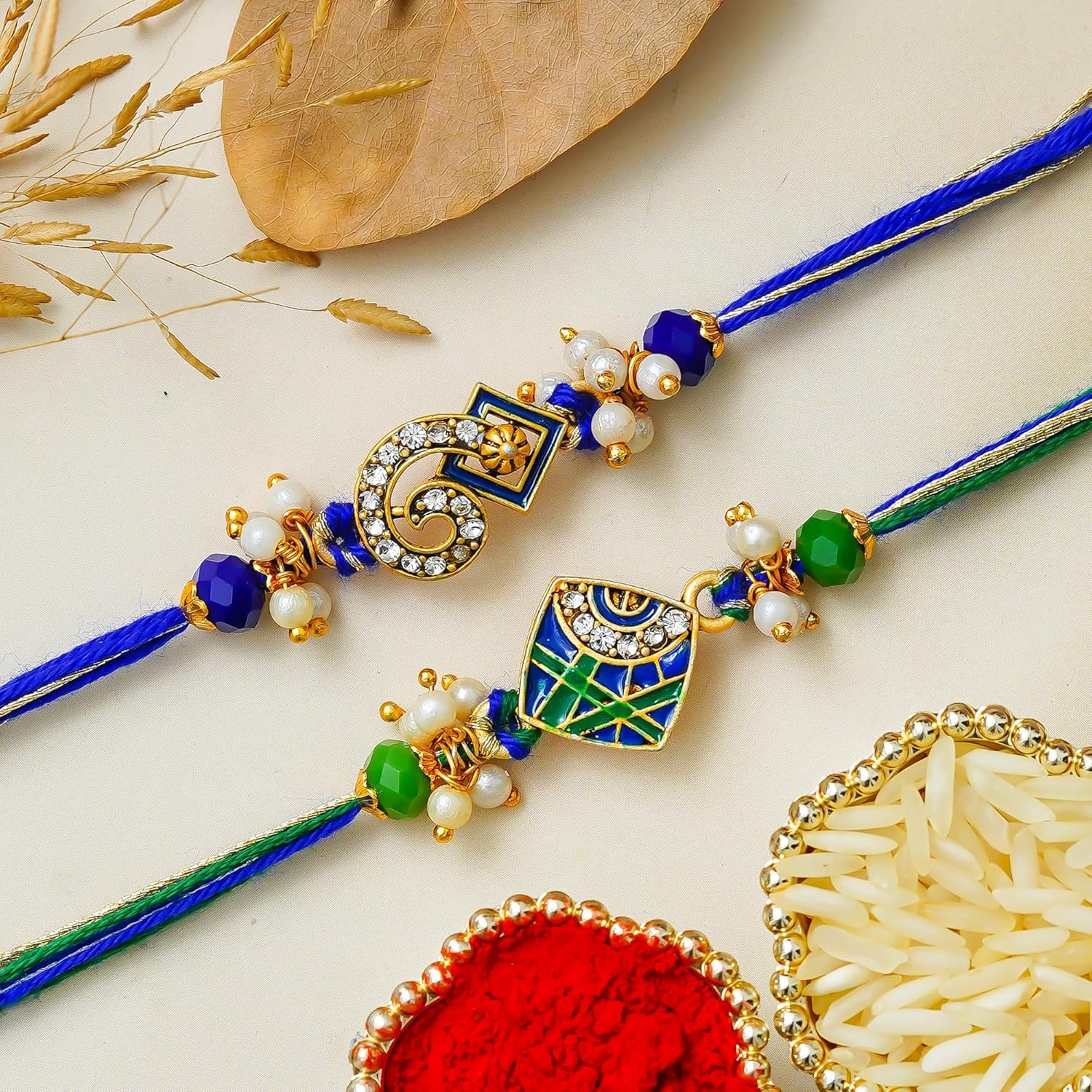 eCraftIndia Set of 2 Green Blue Designer Rakhis | Best Bro Ever Fridge Magnet | Roli Chawal Pack | Rakhi for Brother Bhaiya Bhai Bhabhi Kids - Image 3