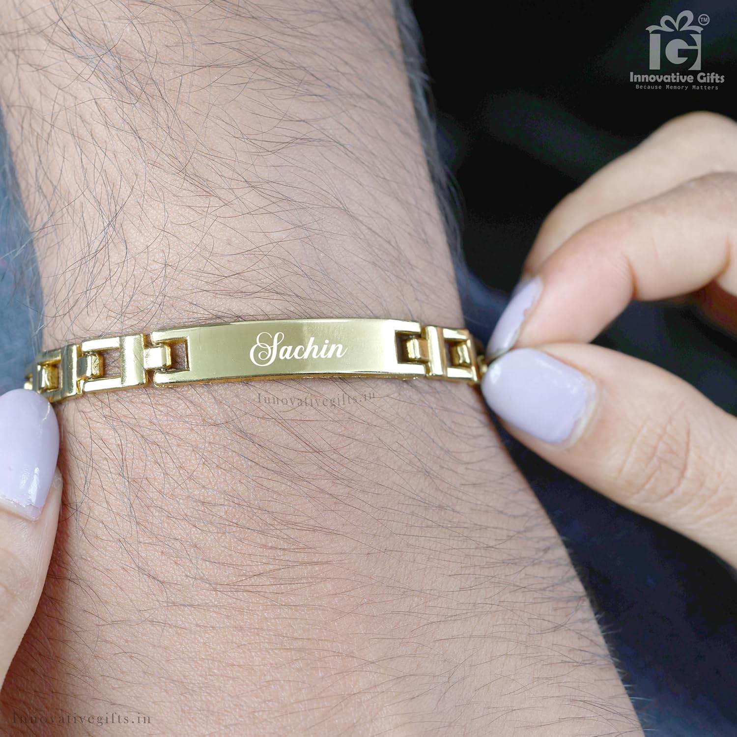 Innovative Gifts Personalized Metal Rakhi with Name for Brother I Hand carved Brass Made I Engraved Name Bracelet I Stylish Trendy & Long Lasting Customized gift for Bhaiya on Rakshabandhan - Golden - Image 6