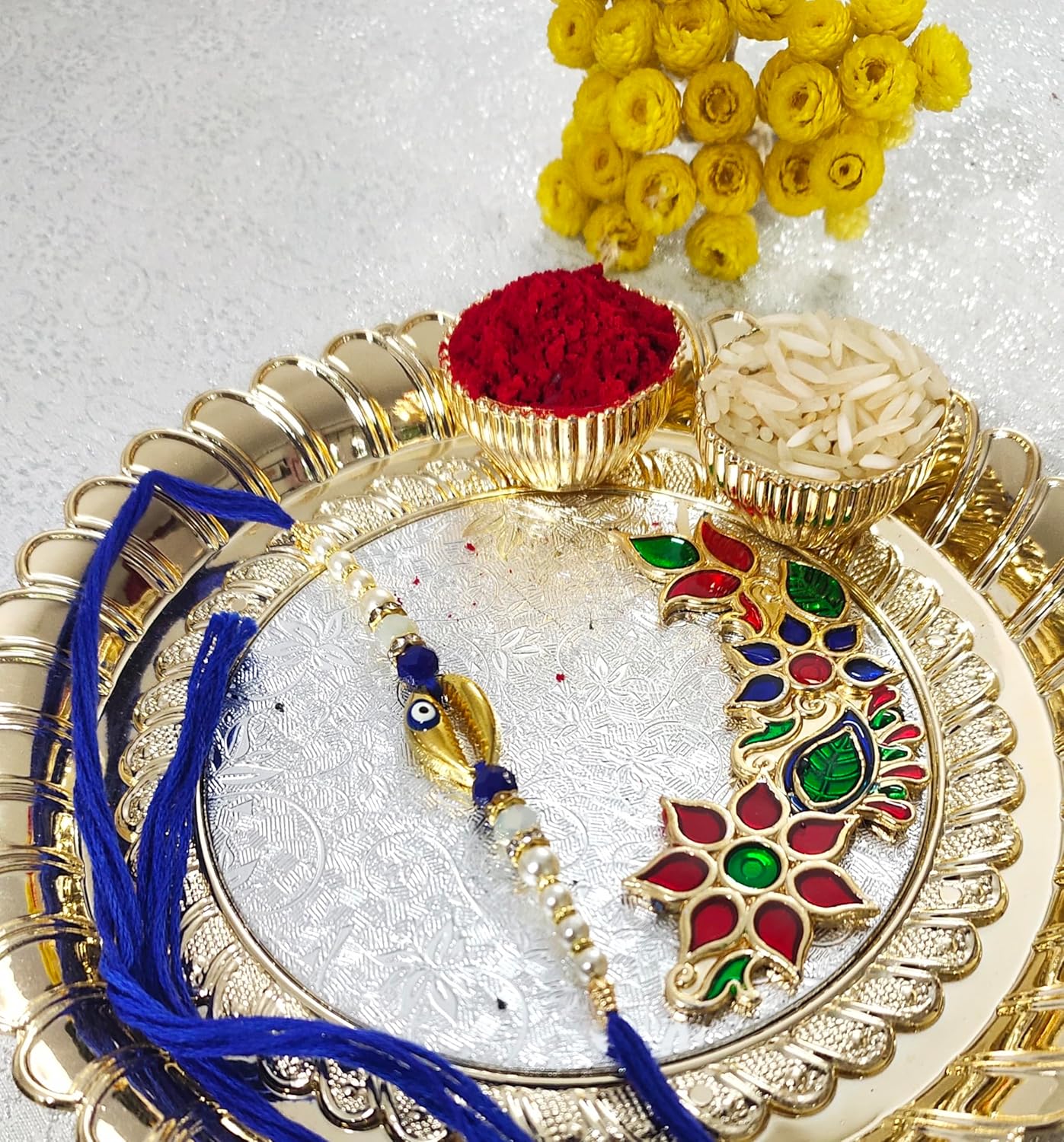 SAFFRON SHADES Sign of Prosperity Cowrie Shell Red and Blue Evil Eye Rakhi for Brother | Designer Premium Rakhi | Roli Chawal - Image 5