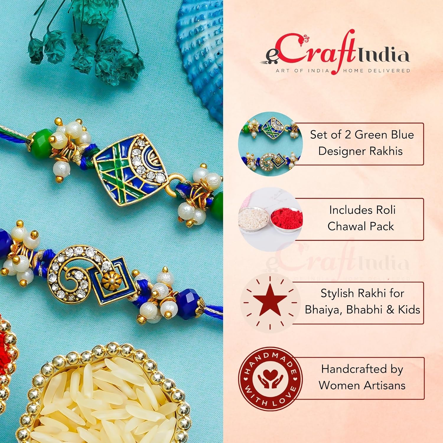 eCraftIndia Set of 2 Green Blue Designer Rakhis | Best Bro Ever Fridge Magnet | Roli Chawal Pack | Rakhi for Brother Bhaiya Bhai Bhabhi Kids - Image 5