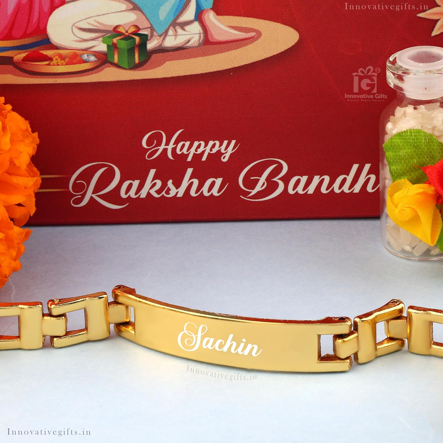 Innovative Gifts Personalized Metal Rakhi with Name for Brother I Hand carved Brass Made I Engraved Name Bracelet I Stylish Trendy & Long Lasting Customized gift for Bhaiya on Rakshabandhan - Golden - Image 7