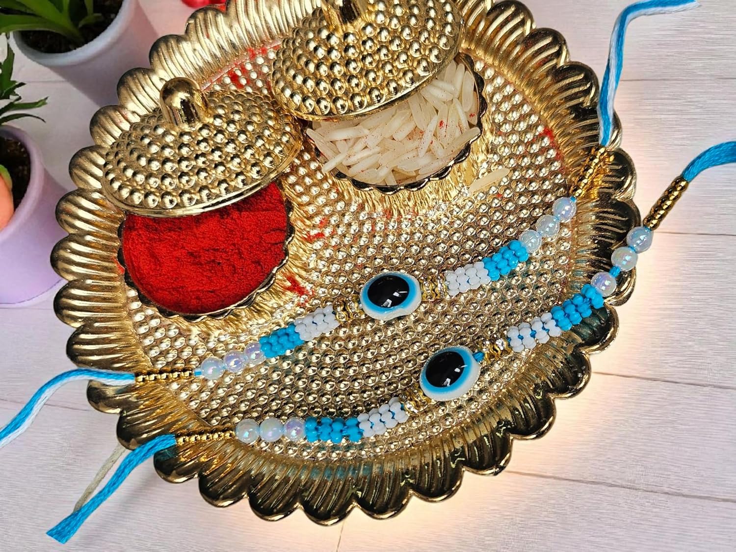 PrezzieBush, Pack of 2 Designer Evil Eye Rakhi for Brother, Studded with Pearls, with Roli + Kumkum for BROTHER - Image 5