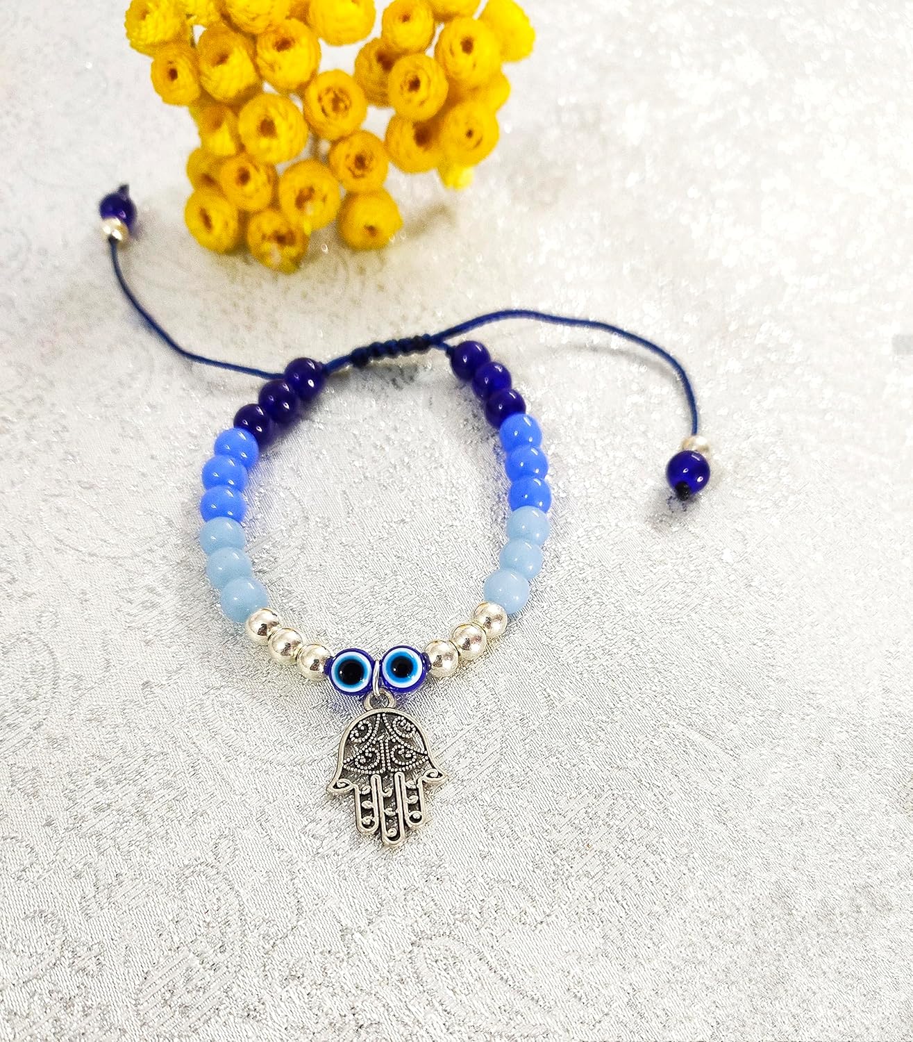 SAFFRON SHADES Trendy Beaded Bracelet Rakhi for Sister & Bhabhi | Wishing Tree Cowrie Shell Hamsa EvilEyes OM Tortoise | Rakshabandhan Greeting Card Roli Chawal - Image 4