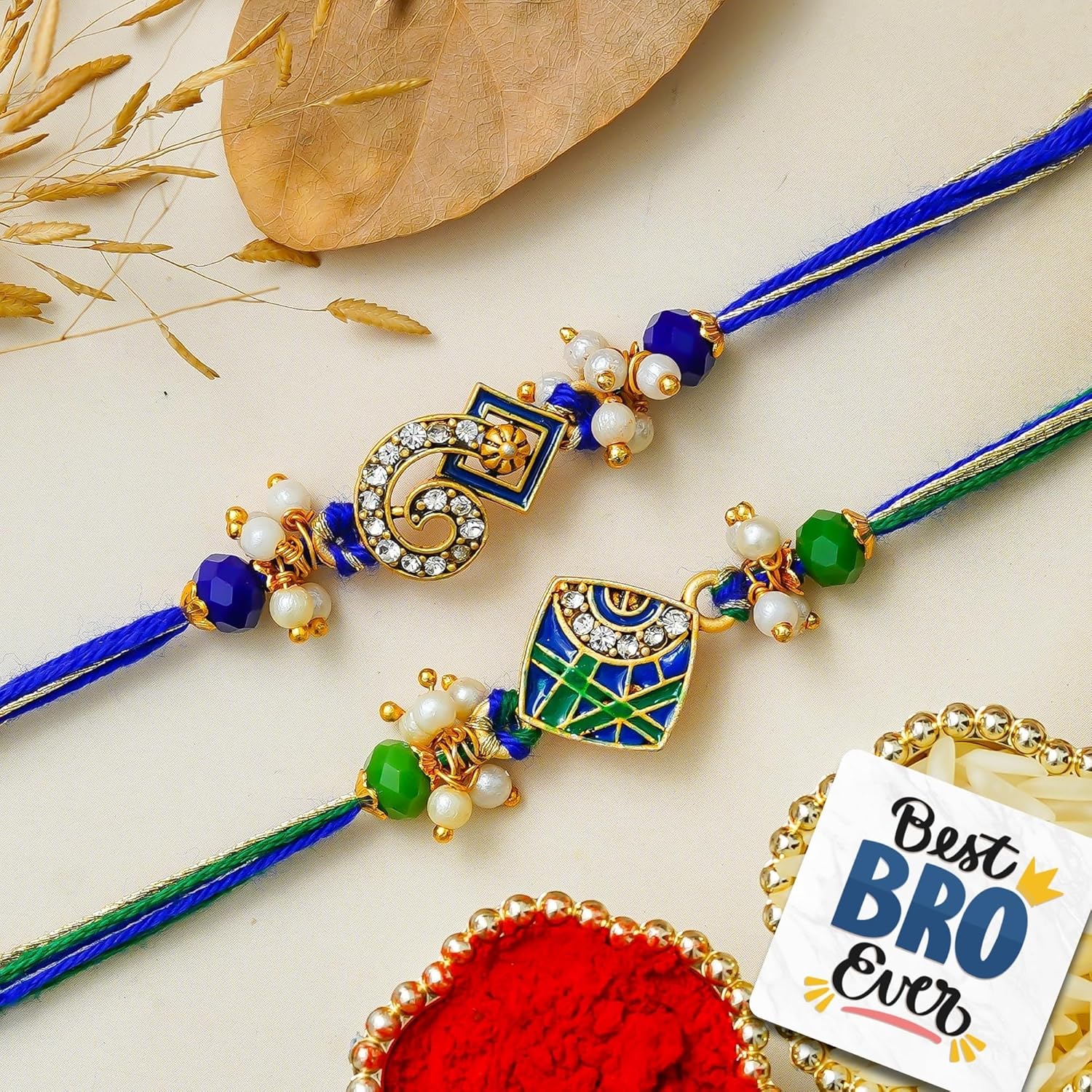 eCraftIndia Set of 2 Green Blue Designer Rakhis | Best Bro Ever Fridge Magnet | Roli Chawal Pack | Rakhi for Brother Bhaiya Bhai Bhabhi Kids - Image 2