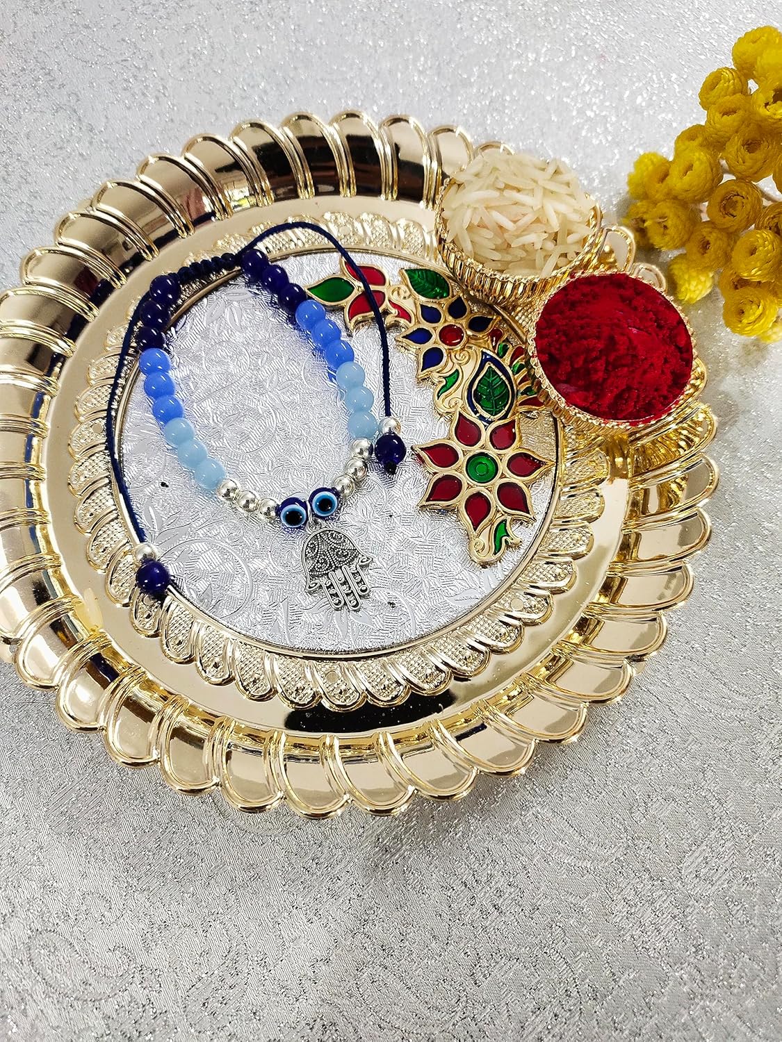 SAFFRON SHADES Trendy Beaded Bracelet Rakhi for Sister & Bhabhi | Wishing Tree Cowrie Shell Hamsa EvilEyes OM Tortoise | Rakshabandhan Greeting Card Roli Chawal - Image 6