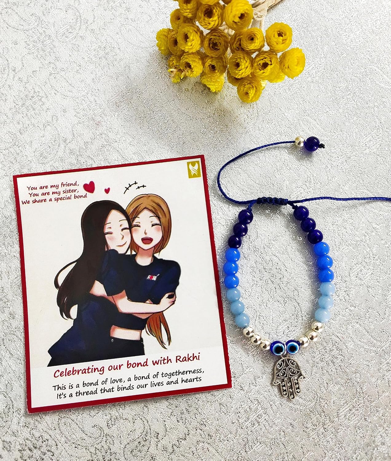 SAFFRON SHADES Trendy Beaded Bracelet Rakhi for Sister & Bhabhi | Wishing Tree Cowrie Shell Hamsa EvilEyes OM Tortoise | Rakshabandhan Greeting Card Roli Chawal - Image 5
