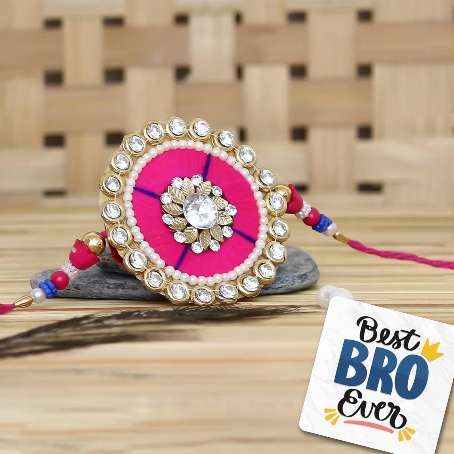 eCraftIndia Pink, Blue Precious Stone Designer Rakhi for Brother with Best Bro Ever Fridge Magnet and Roli Chawal Pack - Image 2