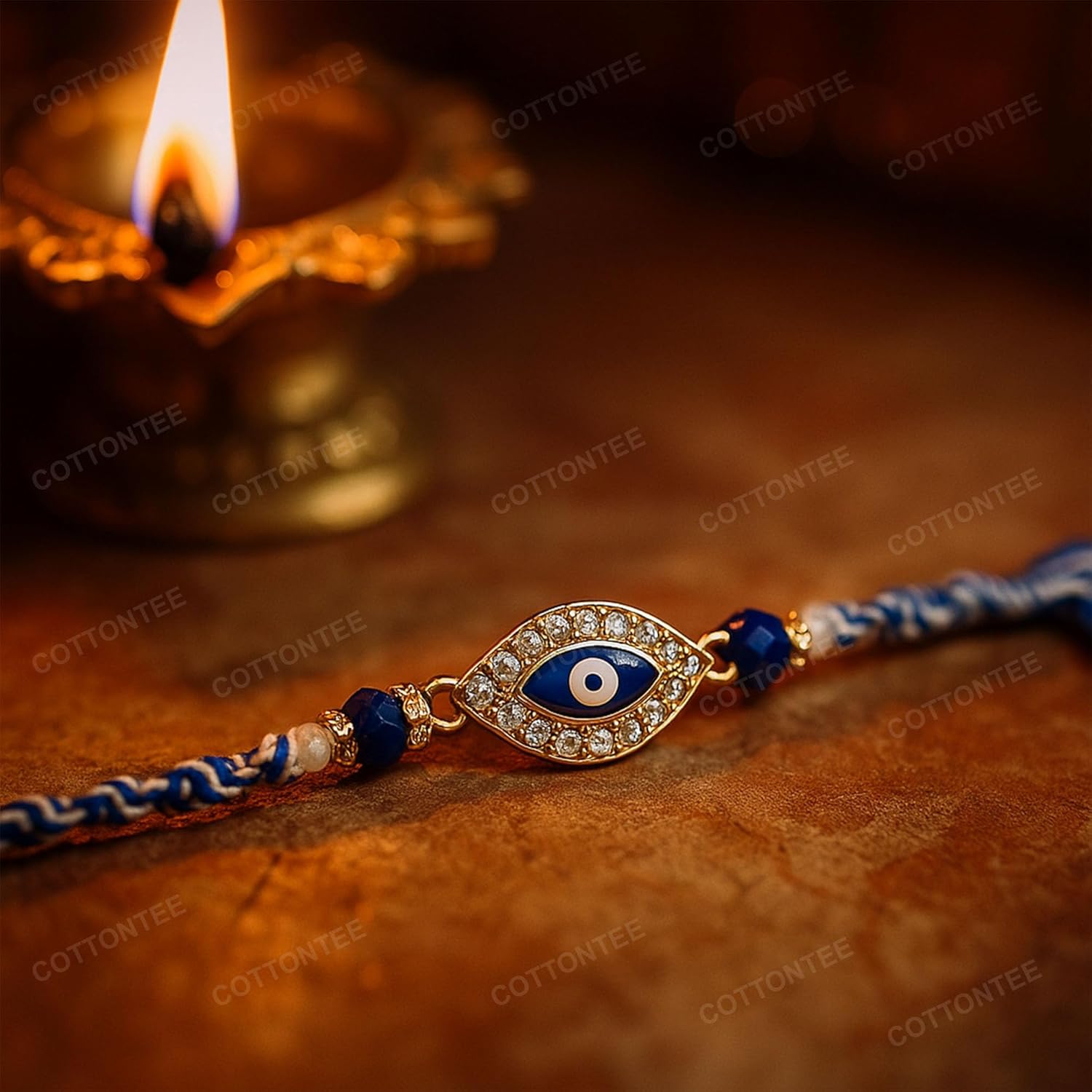 COTTONTEE Evil Eye Rakhi for Brother with Coaster, Kumkum & Chawal | Traditional Beaded Thread Rakhi with Royal Kalai Thread | Raksha Bandhan Gift Hamper - Image 4