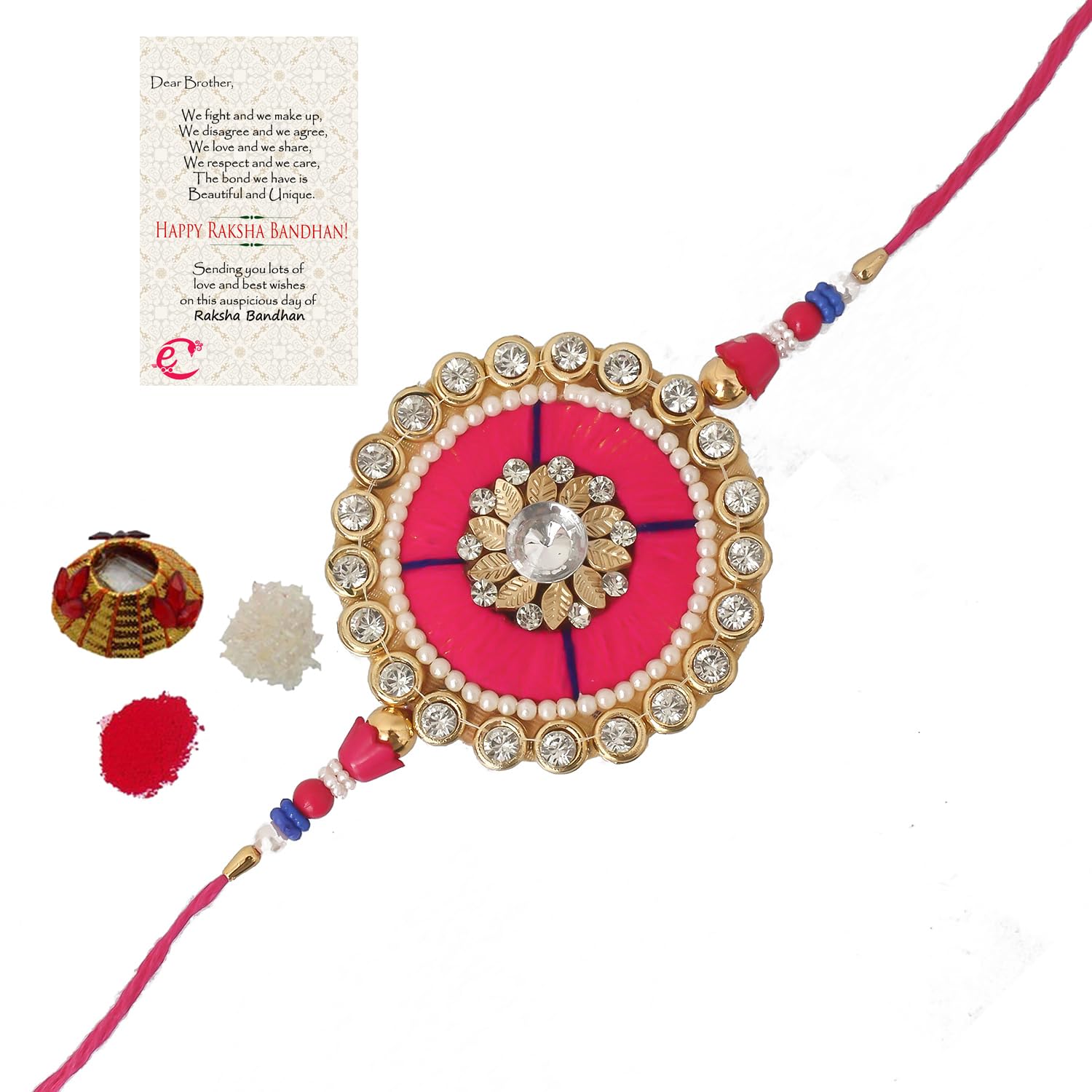 eCraftIndia Pink, Blue Precious Stone Designer Rakhi for Brother with Best Bro Ever Fridge Magnet and Roli Chawal Pack - Image 7