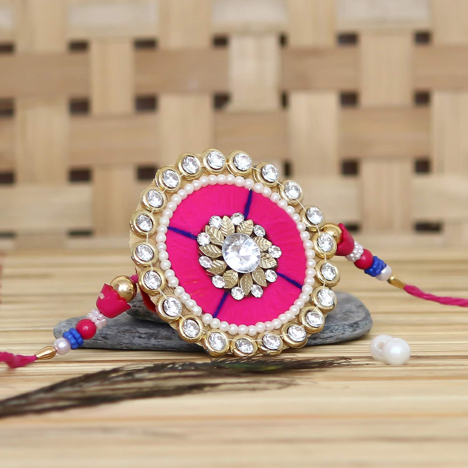 eCraftIndia Pink, Blue Precious Stone Designer Rakhi for Brother with Best Bro Ever Fridge Magnet and Roli Chawal Pack - Image 4