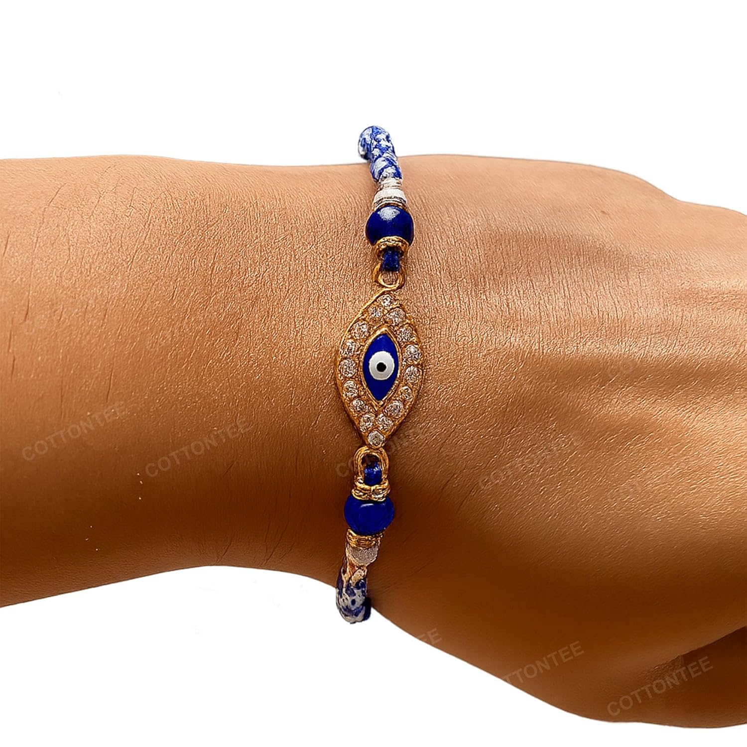COTTONTEE Evil Eye Rakhi for Brother with Coaster, Kumkum & Chawal | Traditional Beaded Thread Rakhi with Royal Kalai Thread | Raksha Bandhan Gift Hamper - Image 5