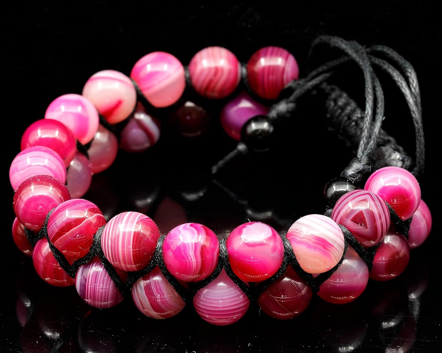 Natural Gem Pink Agate 8mm Smooth Round beads Double Layer threaded adjustable bracelet for men & women. Reiki, Yoga, Healing |LW_TDBR_0155 - Image 3