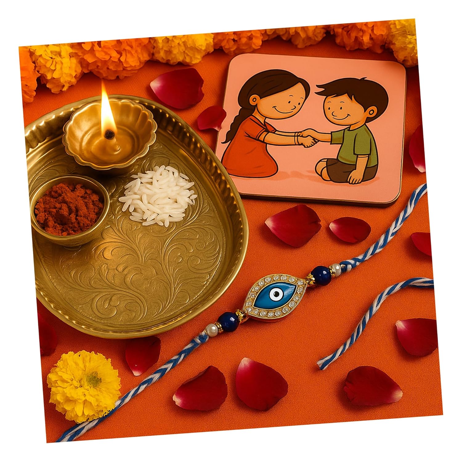 COTTONTEE Evil Eye Rakhi for Brother with Coaster, Kumkum & Chawal | Traditional Beaded Thread Rakhi with Royal Kalai Thread | Raksha Bandhan Gift Hamper - Image 2