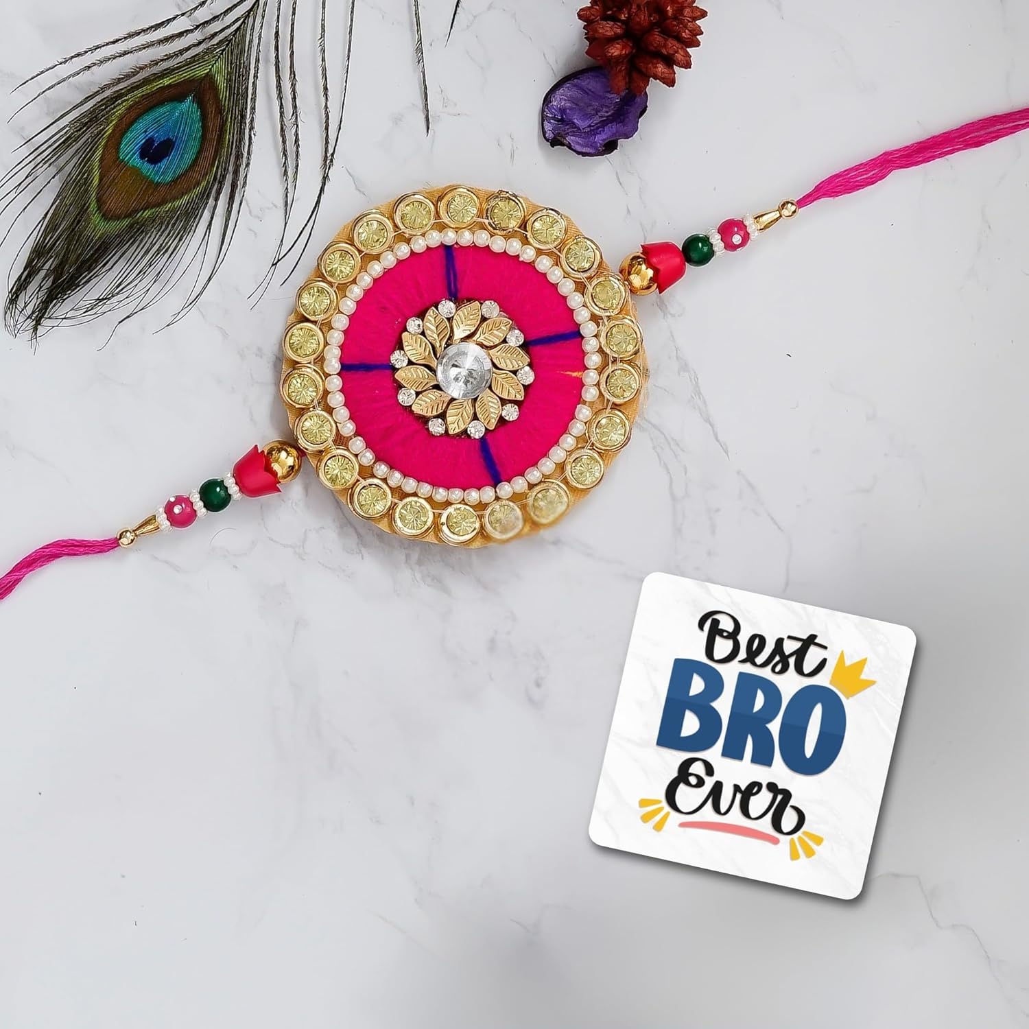 eCraftIndia Pink, Blue Precious Stone Designer Rakhi for Brother with Best Bro Ever Fridge Magnet and Roli Chawal Pack - Image 3