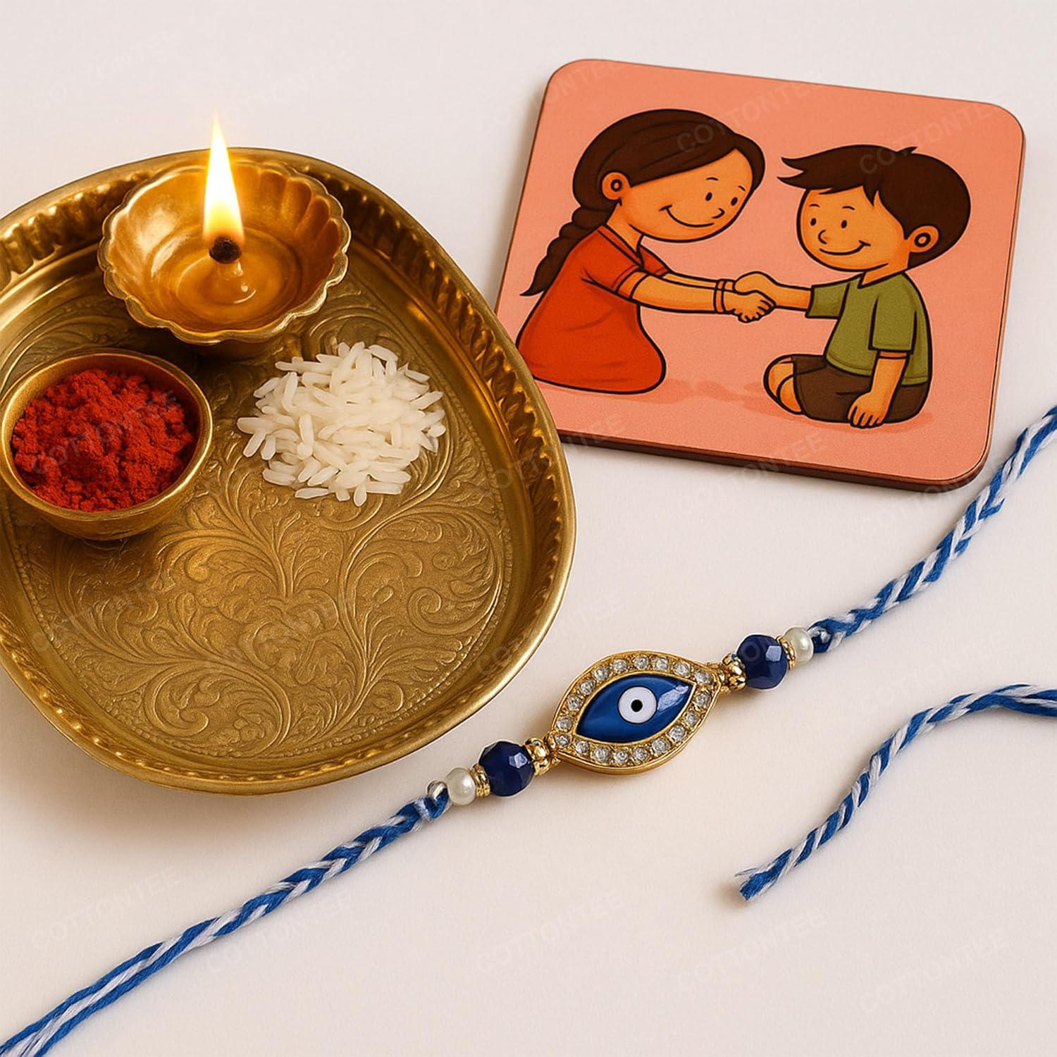 COTTONTEE Evil Eye Rakhi for Brother with Coaster, Kumkum & Chawal | Traditional Beaded Thread Rakhi with Royal Kalai Thread | Raksha Bandhan Gift Hamper - Image 3