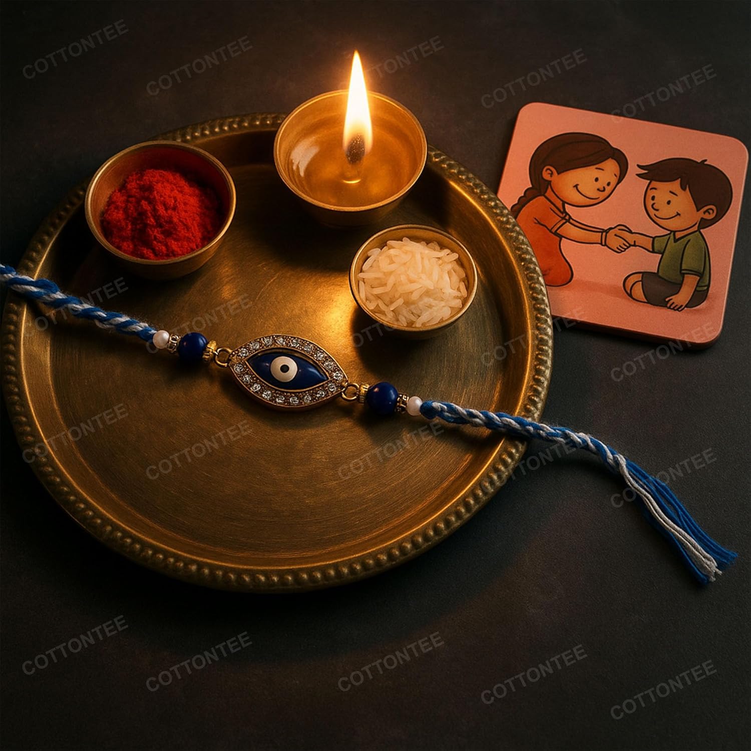 COTTONTEE Evil Eye Rakhi for Brother with Coaster, Kumkum & Chawal | Traditional Beaded Thread Rakhi with Royal Kalai Thread | Raksha Bandhan Gift Hamper - Image 6
